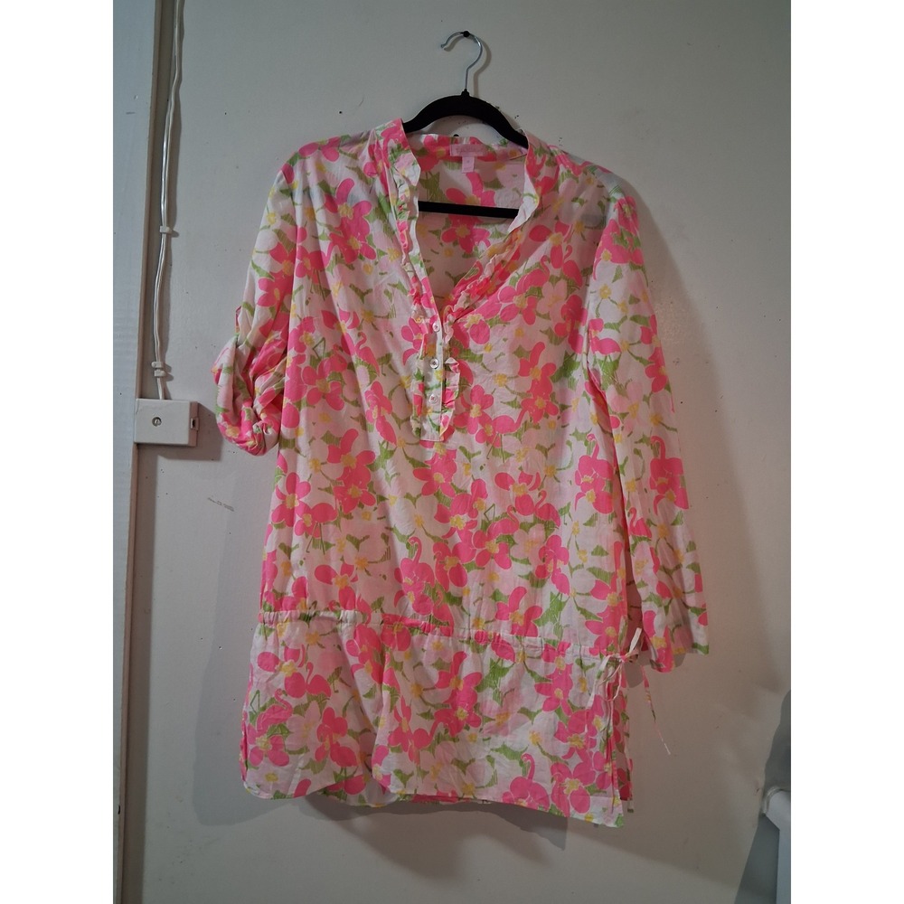 Lilly Pulitzer Pink Flamingo Floral Tunic Top Ruffle Henley Size 12